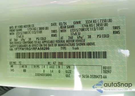 2024 Ford F-150 Raptor из США, поврежденный, VIN 1FTFW1RG1RFA58286